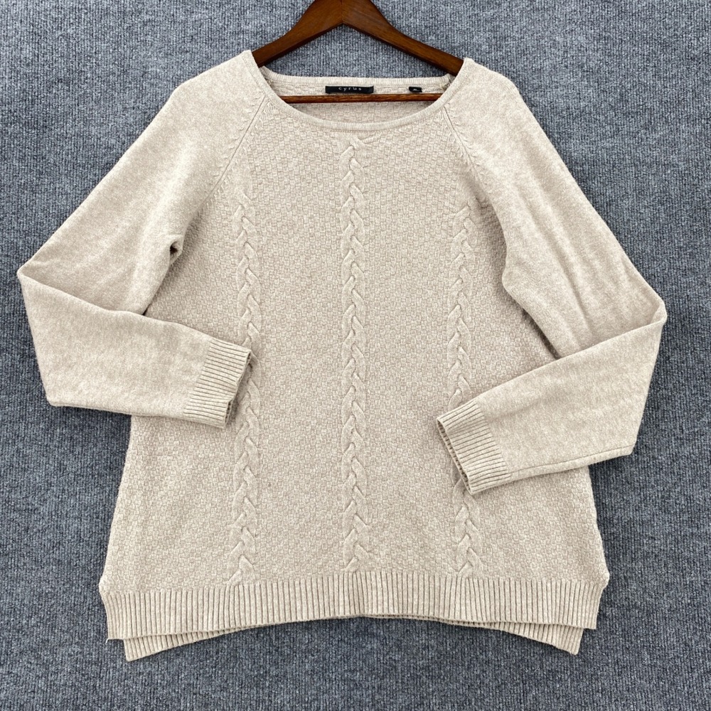 Cyrus Sweater Women XL Beige Cable Knit Basketweave Pullover Cozy Minimalist